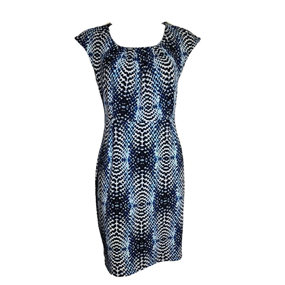 WORTHINGTON Blue White Black Zipper Detail Sleeves Dress Womens Size PM Petite M